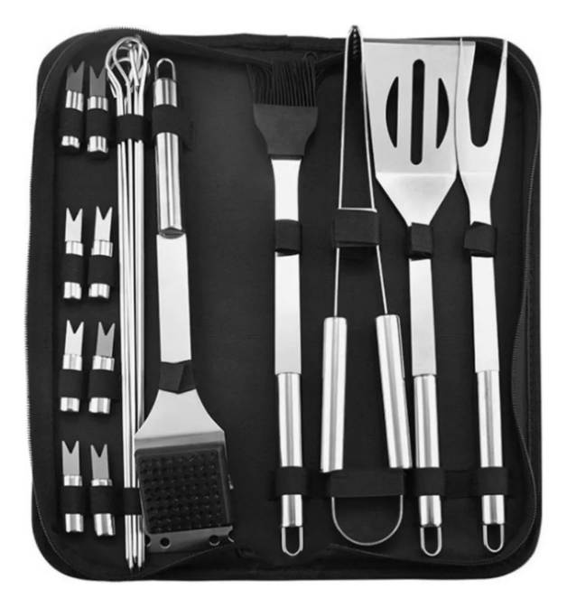 Kit parrillero de acero · 18 piezas · fotografía del proveedor