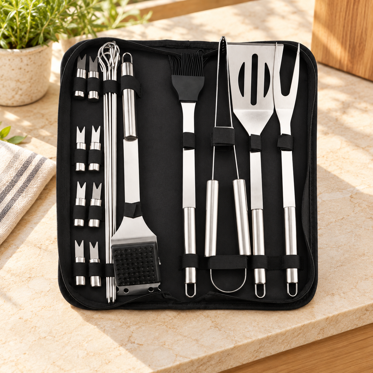 Kit parrillero de acero · 18 piezas · ambiente FioCasa