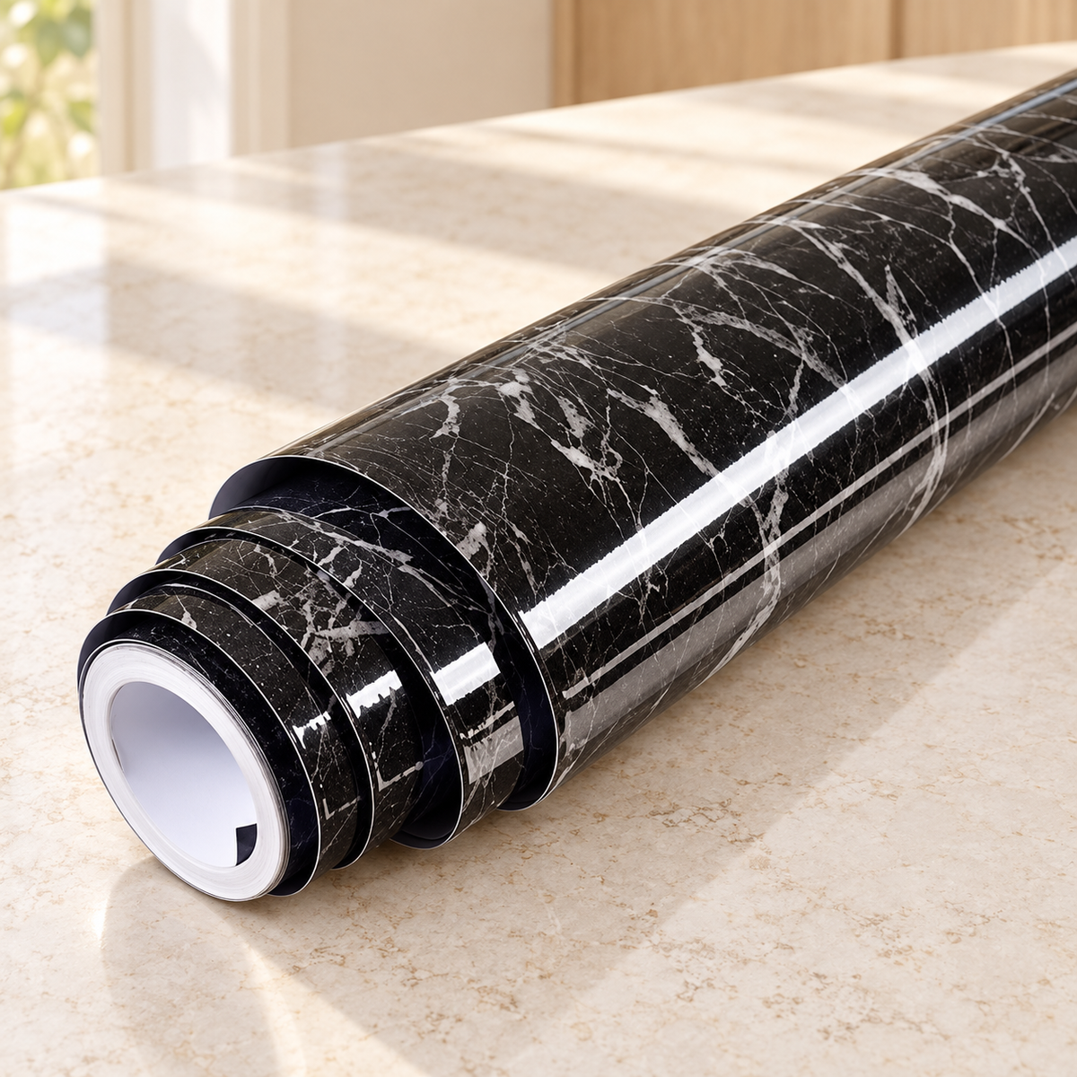 Vinilo adhesivo marmolado · 60 cm × 3 m · ambiente FioCasa