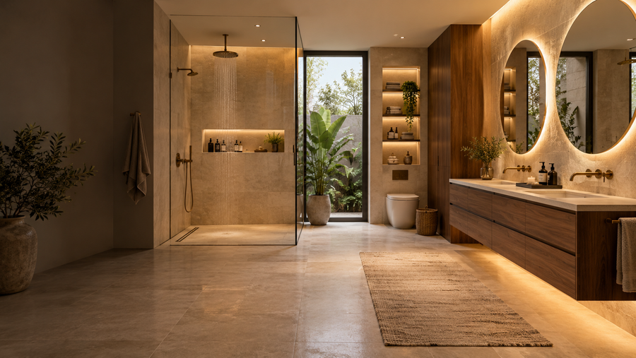 Vista amplia de baño moderno con ducha de vidrio, muebles flotantes y espejos iluminados