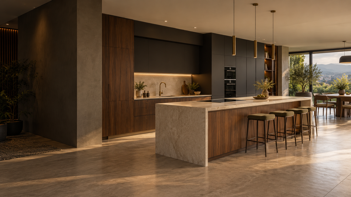 Vista amplia de cocina moderna con isla, muebles integrados e iluminación cálida