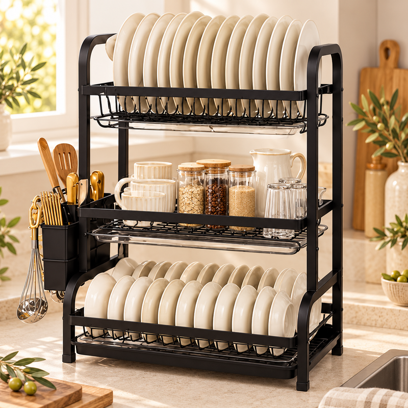 Escurridor de platos de 3 niveles con bandejas