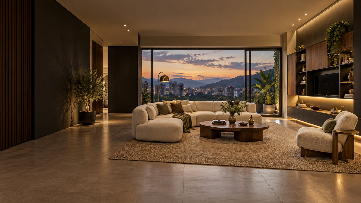 Vista amplia de sala moderna con sofá curvo, almacenamiento modular e iluminación integrada