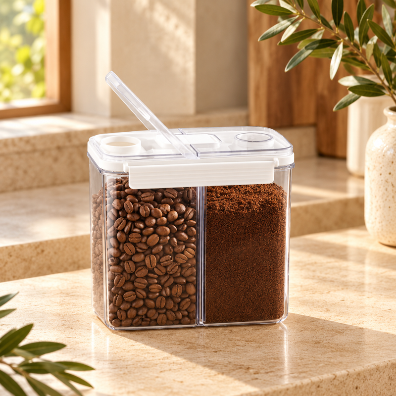 Dispensador hermético de granos con 2 compartimentos