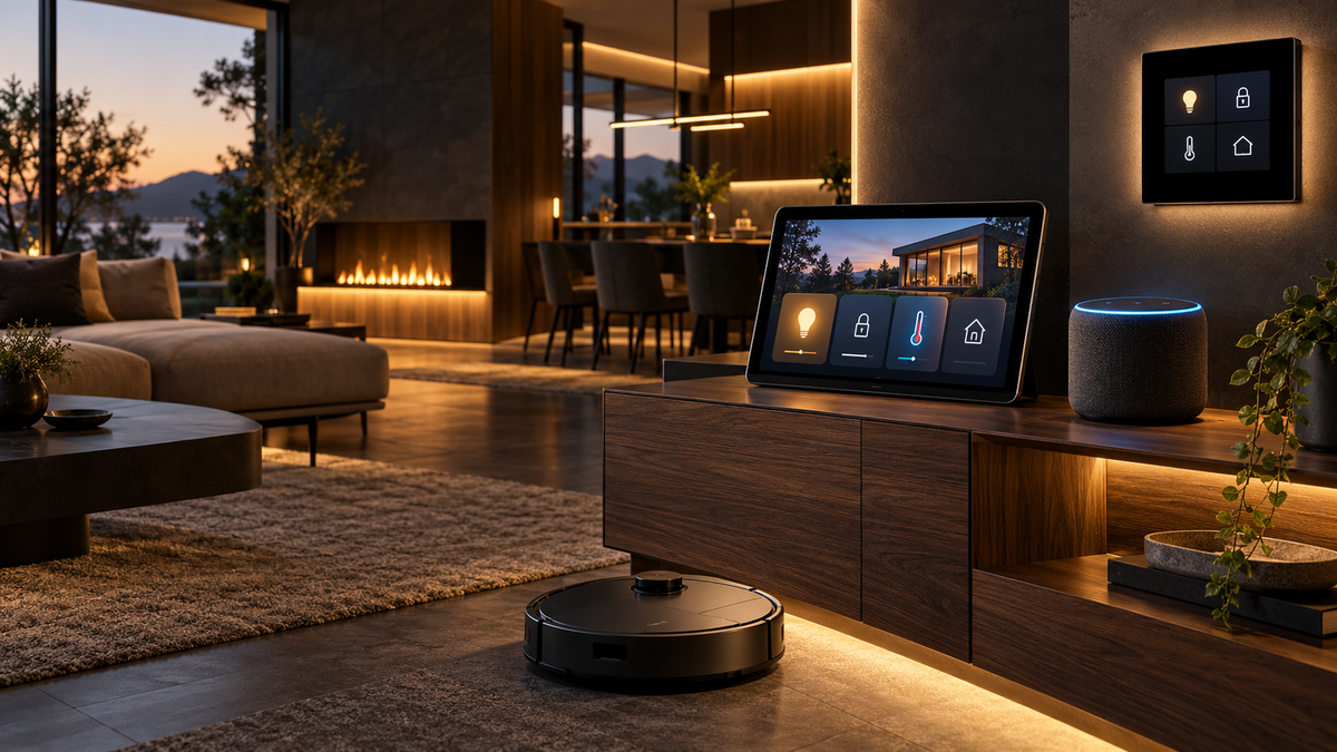 Hogar inteligente con pantalla de control, altavoz, panel domótico y robot aspirador