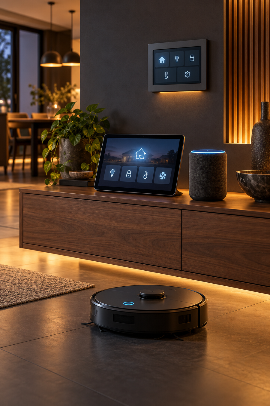 Panel de control del hogar, pantalla inteligente, altavoz y robot aspirador en un espacio moderno